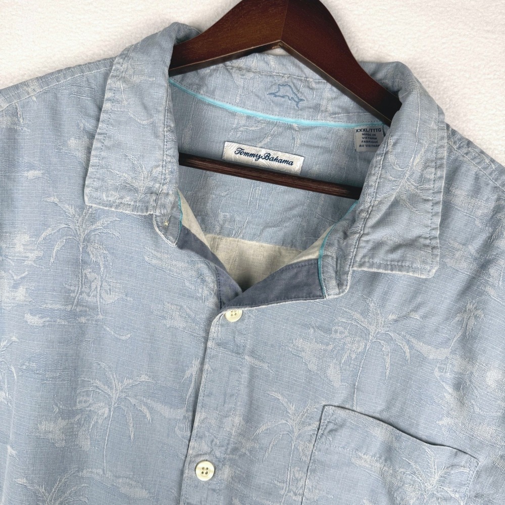 Tommy Bahama 100% Silk Camp Shirt Mens 3XL Blue Palm Tree Jacquard S/S Tropical